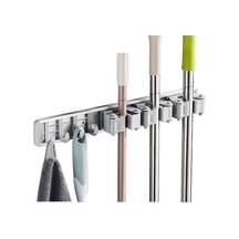 40 Cm Gri Uzay Alüminyum Süpürge Tutucu, 4 Kanca, Delikli/deliksiz Montaj, 12 Kg Yük Kapasitesi, Banyo/mutfak Uygun Gri Gri