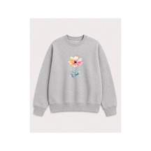Herkesemoda Çiçek Baskı Detaylı Bisiklet Yaka Şardonlu 2 İplik Sweatshirt Gri