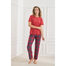 Kompedan Kadın Ekose Desenli Bisiklet Yaka Pijama Takım Kırmızı 30102-598 Kırmızı