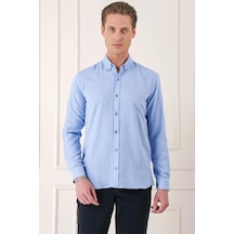 Efor Slim Fit Düğmeli Yaka %100 Pamuk Klasik Mavi Gömlek Gk 723 Mavi