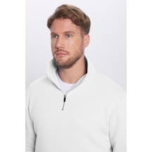 Unisex Relax Fit Rahat Kesim %100 Pamuk Yarım Fermuarlı Beyaz Dik Yaka Sweatshirt-32135 Beyaz