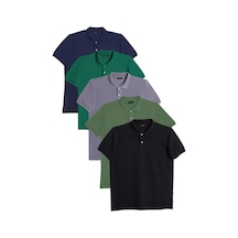Tudors Erkek 5'li Paket Gri-açık Yeşil-lacivert-yeşil-siyah Slim Fit Pamuklu Düz Pike Polo Yaka Tişört-34603 Multi