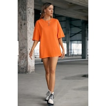 Oversize Unisex Baskısız T-shirt Turuncu