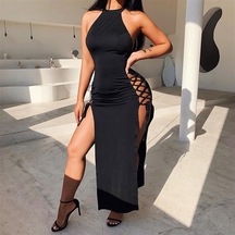 Siyah Fantezi Seksi Yandan Bağlı Derin Yırtmaçlı Uzun Elbise Hf103137