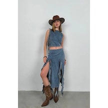 Defymoda Fırfır Detay Denim Bluz Açık Mavi