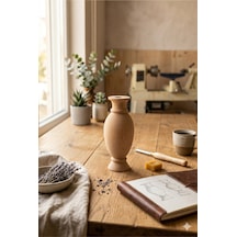 El Yapımı Masif Ahşap Dekoratif Vazo Mumluk - Minimalist Modern Boho Tarzı Doğal Ev Aksesuar Objesi Açık Bej