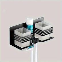 Fastbuy Anakart Cift Bardak Stili Paslanmaz Çelik Disk Fırça Ve Fırça Macunu Depolama Duvar Montaj Raf Siyah Siyah