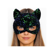 Siyah Kadife Kumaş Üzerine Mavi Yeşil Payetli Pullu Parti Maskesi 16x14 Cm - Parti Gözlüğü & Maske 0 - 99