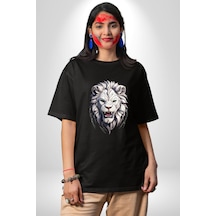 Beyaz Kaplan Kükreme Pamuklu Bisiklet Yaka Unisex Oversize Boyfriend Dijital Baskılı Siyah T-shirt Siyah