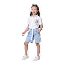 İrem Çocuk Giyim Kız Çocuk Gömleği Çiçek Detaylı Önü Bağlamalı Kot Şortlu Beyaz Renk İkili Takım Beyaz