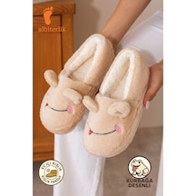 Albishoes Kışlık Içi Tüylü Kadın Ev Ayakkabı Kurbağa Figürlü Kaydırmaz Rahat Taban Panduf Ev Botu Bej