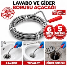 5 Metre 6mm Lavabo Tuvalet Gider Boru Açıcı Klozet Alaturka Paslanmaz Çelik