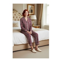 Ersefa Kadın Gömlek Yaka Çizgili Pamuklu Pijama Takımı Penguen Detaylı F Kırmızı