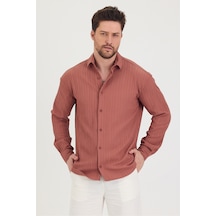 Cool Tarz Erkek Kendinden Çizgi Detaylı Slim Fit Dar Kalıp Uzun Kol Gömlek Gül Kurusu Gül Kurusu