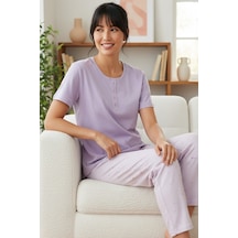 Siyah İnci Lila Desenli Pamuklu Bisiklet Yaka Örme Pijama Takım 26113348