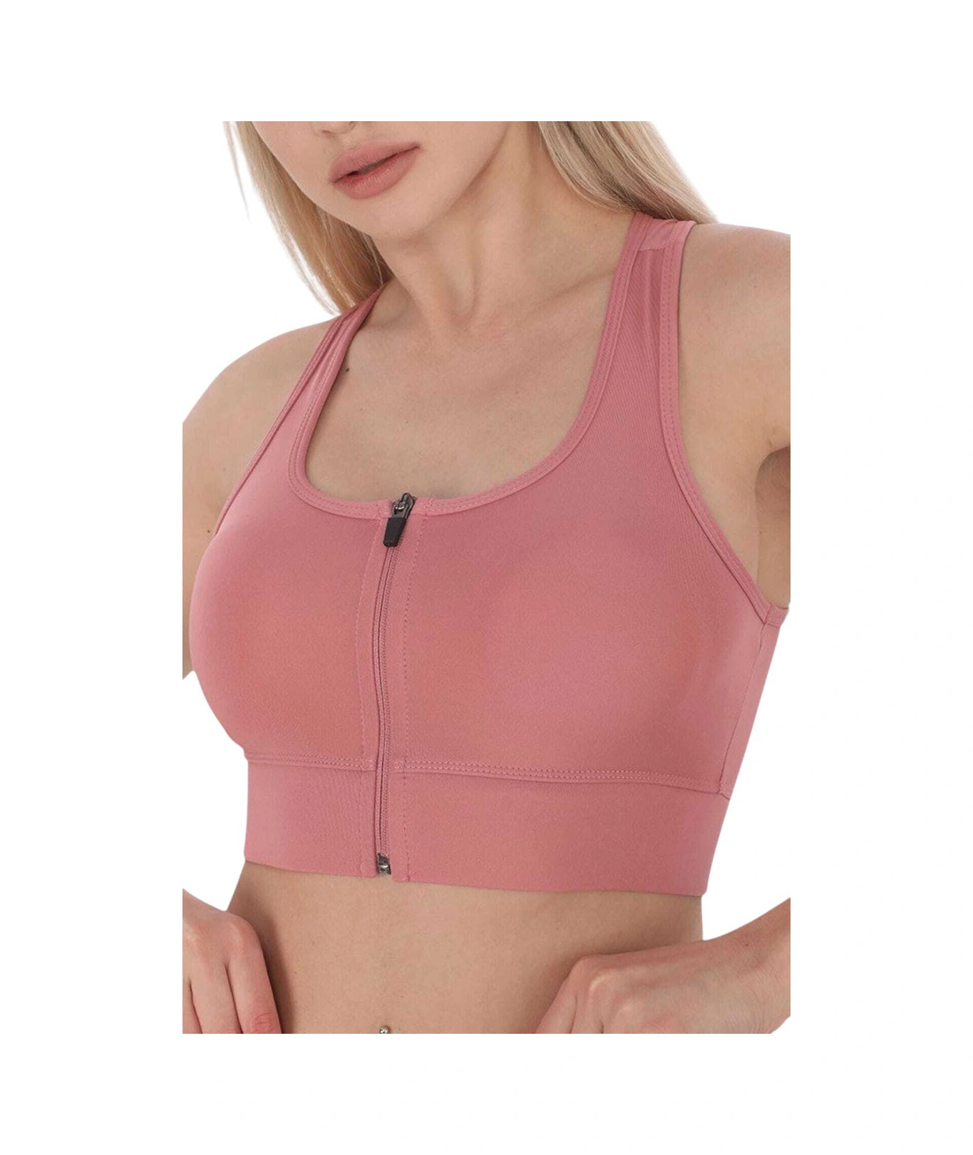 Tezzgelsin Kadın Fermuarlı Sporcu Crop Kadın Büstiyer Pudra