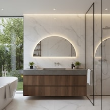60x120 Cm Yarım Oval Led Banyo Aynası Dokunmatik Sensörlü, Dimmerli, 3000k Günışıklı Modern Duvar Aynası Sarı