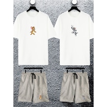 Unisex Kadın Erkek Sevimli Tom Ve Jerry Baskılı Sevgili Çift Kombini Tasarım Oversize Tshirt Ve Şort Beyaz-gri Mck2458 Beyaz-Gri