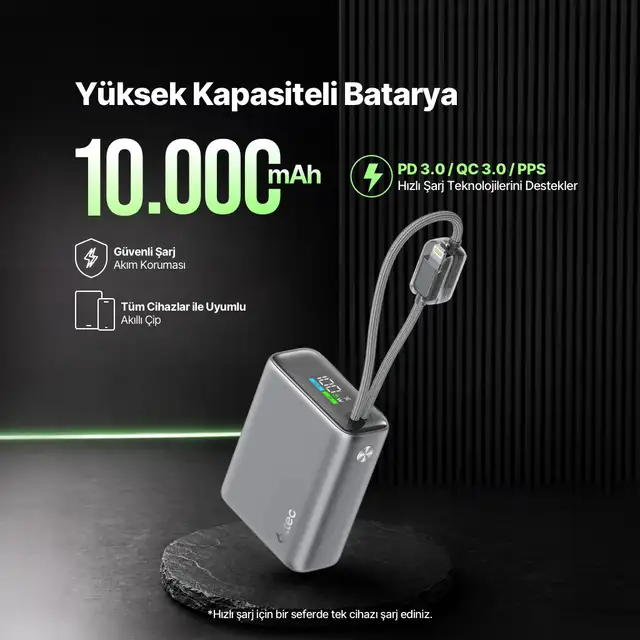 2bb278ug Ttec Recharger Pro Tft 10.000mah Pd 20w Usb-c Ve Lightning Dahili Kablolu Taşınabilir Hızlı Şarj Aleti / Powerbank 2bb278 Gri
