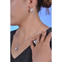 Inci Taşlı Papatya Model Oksitli Telkari Gümüş Üçlü Set