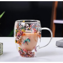 Çift Cidarlı Borosilikat Cam, Renkli Kuru Çiçek Tasarımlı, 350 Ml Kapasiteli, Kulplu, Şeffaf Kahve Kupası Aeropress