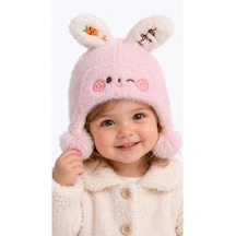 Kız Bebek Tavşan Modelli Kulaklı Ponponlu İçi Astarlı Pembe Renk 6 Ay - 3 Yaş Soft Bere