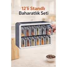 12li Standlı Kendinden Yapışkanlı Kapaklı Kaşıklı Baharatlık Takımı-kulplu Baharatlık Antrasit Gri