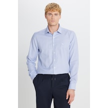 AC&Co / Altınyıldız Classics Erkek Mavi Haki Ütü Gerektirmeyen %100 Pamuk Slim Fit Klasik Yaka Armürlü Gömlek Çok Renkli