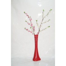 60 Cm Kırmızı Desenli Vazo Pembe Beyaz Bahar Dalı