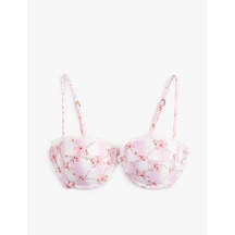Koton Koton X Sibil Çetinkaya - Dantel Detaylı Balenli Çiçekli Bikini Üstü Çıkarılabilir Askılı Sarı Çizgili 6sak10232mm