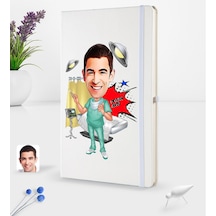 Kişiye Özel Erkek Cerrah Karikatürlü Beyaz Termo Deri Defter 16X2