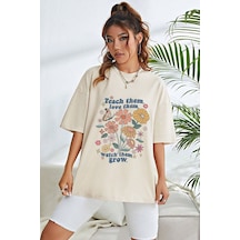 Uyguntarz Unisex Flowers Baskılı Oversize Tshirt Bej