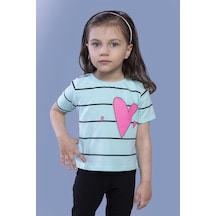 Toontoy Kids Toontoy Kız Çocuk Çizgli Kalp Baskılı Taş İşlemeli Tişört Su Yeşili