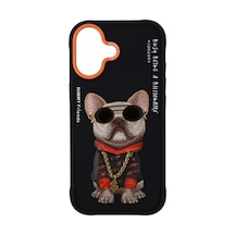 Apple Uyumlu iPhone 17 3d Gerçek Nakış İşlemeli Zincir Ve Gözlük Detaylı Pug Köpek Desenli Kılıf Şeffaf