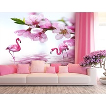 Pembe Çiçekler Su Üzerinde Flamingolar Duvar Kağıdı Pembe Çiçekler Su Üzerinde Flamingolar Duvar Kağıdı
