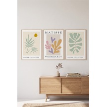 Doğal Ahşap Çerçeveli Pastel Yeşil Mor Sarı Matisse Botanik Soyut Üçlü Duvar Tablosu Modern Dekorasyon Kabartma Görünümlüdür Bej