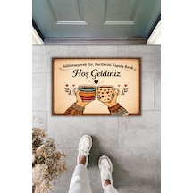 Rugmood Modern Dijital Baskı - Gülümseyerek Gir Dertlerini Kapıda Bırak Yazılı - Kapı Önü Paspası Kahverengi