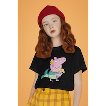 Sevbano Unisex Peppa Pig Baskılı Çizgi Film Çocuk Tişört 1-12 Yaş Siyah