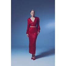 Sateen Fermuarlı Karolin Midi Etek - Kırmızı-135353 Kırmızı
