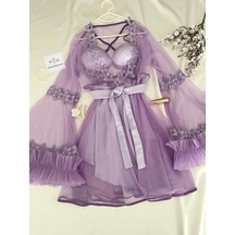 Mh Moony Homewears Kutulu My Şeyhla Lila Destekli Gecelik Sabahlık Seti Mor