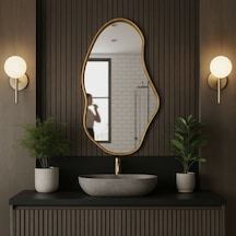 60x106 Cm Modern Asimetrik Duvar Aynası Organik Form Altın Çerçeveli Dekoratif Banyo Ve Salon Aynası Altın