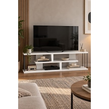 Sulorahome 140 Cm Tv Unit With Shelves And Metal Side Supports Beyaz