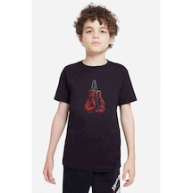 Boks Eldiveni Baskılı Unisex Çocuk Siyah T-Shirt
