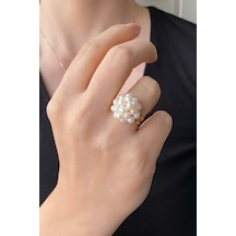 Kadın Prenses Model Doğal İnci Küpe Kolye Yüzük Üçlü Set 9 / Sarı Gümüş