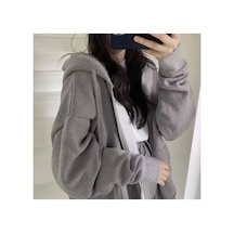 Tarzsokak Özel Tasarım Kapüşonlu Tam Fermuarlı Kalın Kışlık Süper Oversize Kadın Ceket-sweats Gri