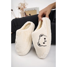 Kışlık Peluş Ayıcık Desenli Sessiz Ortopedik Taban Çeyiz Misafir Ev Terliği Set Krem