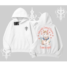 Cute Princess Kedi Tasarımlı Arka Baskılı Kapşonlu Sweatshirt Beyaz