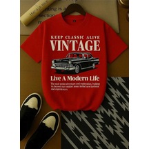 Kozia Outdoors Malkocbey Vintage Araba Baskılı Oversize Basic O Yaka T-şhirt Kırmızı Kirmizi