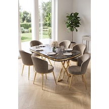 Nisare Serisi 90x168 Lak Panel Siyah Mermer Desen Masa Takımı Gold Ayaklı 6 Sandalye Siyah Mermer Masa Cappucino Sandalye