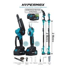 Hypermax DK-911 3'lü Set Çift Akülü 10 Pilli Kömürsüz Teleskopik Kollu Bağ Budama Makası ve Budama Testeresi